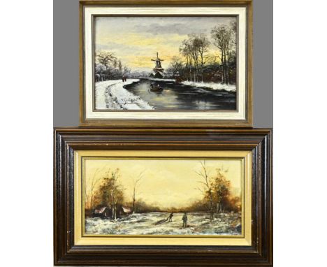 Pendant after van Rossum du Chattel + Apol. 2x Dutch winter with figures. Oil on panel. Dimensions: H 18 x W 27 cm. / H 29 x 