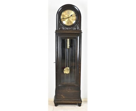 German oak Westminster grandfather clock with round head, three weights and Westminster striking mechanism. Circa 1900. Dimen