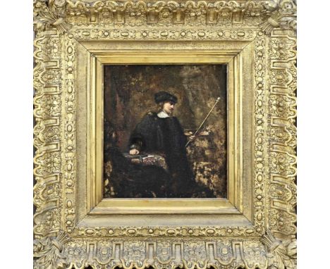 Unsigned. 19th century. Painter with palette and brushes. Oil on panel. Dimensions: H 32 x W 29 cm. In good condition.