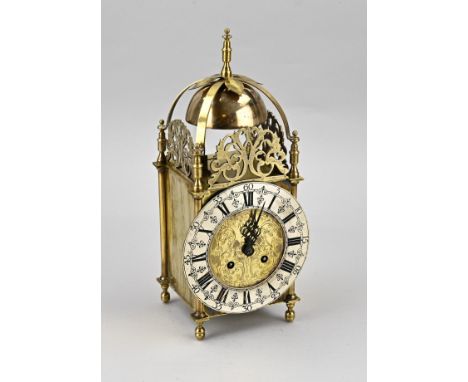 Brass lantern clock with antique French pendulum movement. Circa 1900. Weekly runner, striking mechanism on bell. Dimensions: