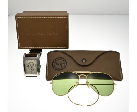 Michel Kors watch and Ray Ban sunglasses, Sunglasses model Aviator outdoorsman with green colored glasses. In original box. A