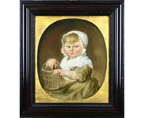 Unsigned. Circa 1830. Girl with basket. Oil on panel. Dimensions: H 41 x W 36 cm. In good condition.