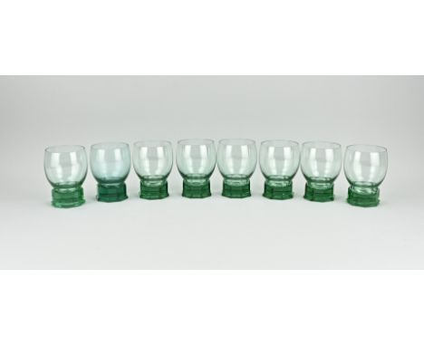 Eight antique green lemonade glasses by Copier Leerdam. Art Deco. Circa 1930. Dimensions: H 12 x Ø 9 cm. In good condition.