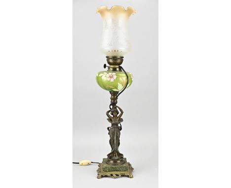 Antique French composition metal Art Nouveau kerosene lamp with painted glass reservoir. Circa 1900. Dimensions: H 68 cm. In 
