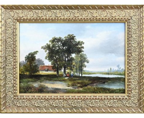 HJ Rijkelijkhuijzen. 1813 - 1883. Landscape with figures under a tree. Oil on panel. Dimensions: H 22 x W 32 cm. In good cond