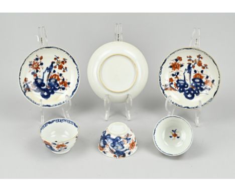 Three Chinese porcelain Imari cups + saucers with garden/bird of paradise decoration. 18th century. One chip. Size: 8 - Ø 13 