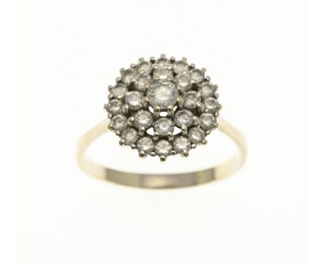 White gold rosette ring, 750/000, with zirconias. Ring with a double rosette set with 25 zirconias. ø head 15 mm. ø 63. appro