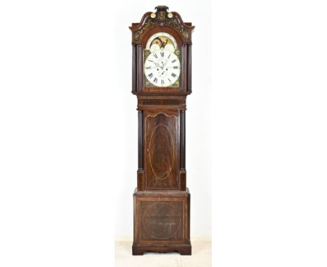 English mahogany grandfather clock with moon and date indication, central seconds hand, hand-painted dial, and intarsia inlai