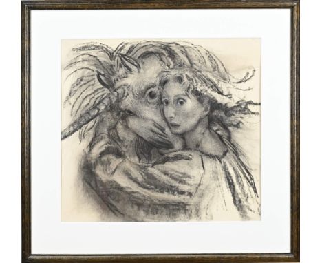 Suzanne Fabry. 1904 - 1985. Belgian School. Self-portrait with unicorn. Charcoal on paper. Dimensions: H 50 x W 52 cm. In goo