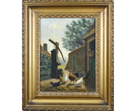 Hille Smit. Circa 1900. Farmers backyard with chickens. Oil on panel. Dimensions: H 40 x W 30 cm. In good condition.