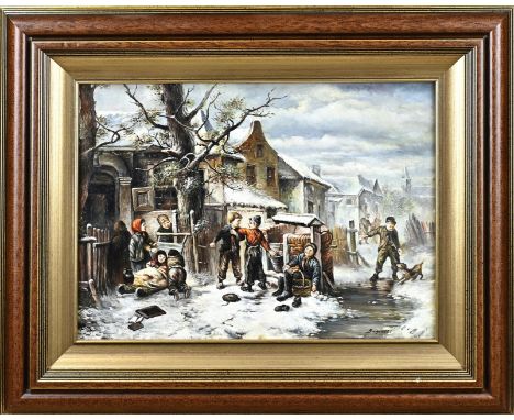 Baginski. Winter village scene with playing children. Second half 20th century. Oil on panel. Dimensions: H 29 x W 40 cm. In 