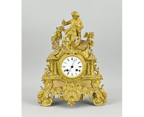19th century gilt bronze Louis Philippe mantel clock. Circa 1860. Eight-day movement, half-hourly striking, spring pendulum. 