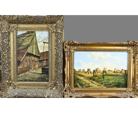 Two works by JH Mensink. 1876 - 1952 (Denekamp). 1x Twente farm with well. 1x Twente landscape. Oil on panel. Dimensions: H 2