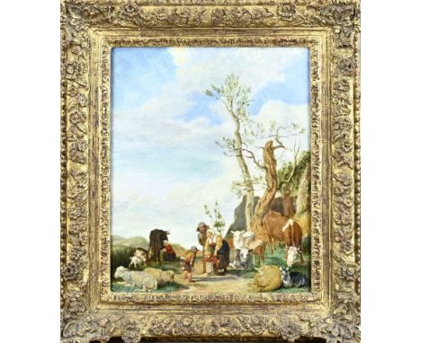 Unsigned. 19th century. Peasant family with cattle. Retouches? Oil on panel. Dimensions: H 37 x W 28.5 cm. In good condition.