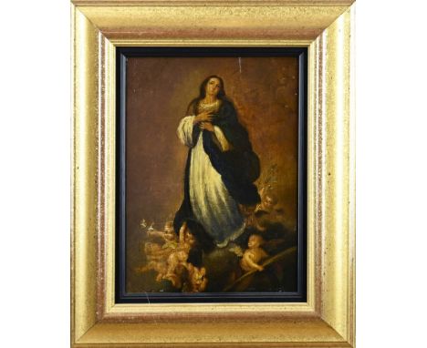 Unsigned. Circa 1800. Mary with angels. Oil on panel. Dimensions: H 30 x W 22 cm. In good condition.