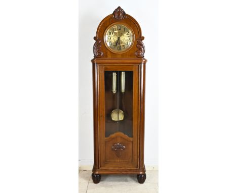 Antique German walnut grandfather clock with brass weights etc. Gustav Becker. Weekly runner with half-hourly striking and fi