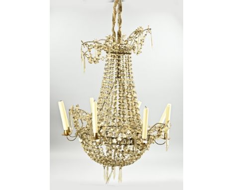 Crystal glass pocket chandelier with candles and 6 lights. Circa 1920. Dimensions: 80 x Ø 60 cm. In good condition.