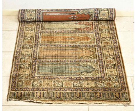 Hand-knotted Persian carpet/runner of beautiful quality. Carpet is decorated with nine panels. One side is missing fringe. Di