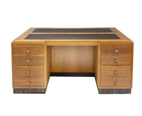 Beautiful, restored, Art Deco partner desk/double-sided desk in oak, base in almond veneer. Top newly inlaid with leather. Al