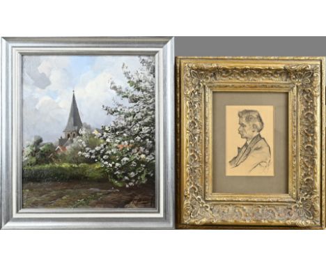 BH Bolink + Gerard Krol. Twente church near blossom tree (Denekamp), oil on panel., 1876 - 1950. Self-portrait Gerard Krol, 1