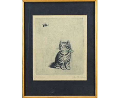 Meta Plückebaum. 1876 - 1945. German School. Title: Bzzzz. Kitten with bee. Etching on paper. Dimensions: H 26 x W 22 cm. In 