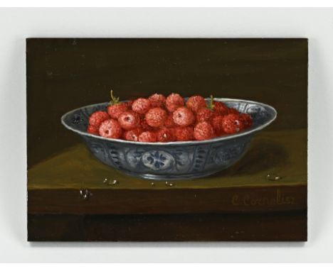 C. Cornelisz. 21st Century. Still life with Chinese bowl and fruit. Oil on panel. Dimensions: H 13 x W 18 cm. In good conditi