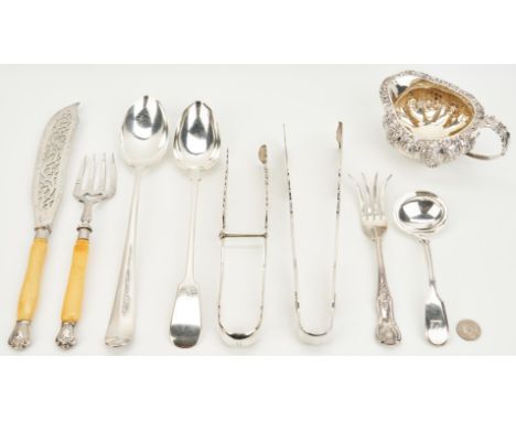 9 sterling and silverplated table items including cream jug, fish set, asparagus tong and stuffing or platter spoons. 1st ite