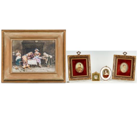 European porcelain plaque and four (4) portrait miniatures, 5 items. 1st item: Framed European, possibly French, hand painted