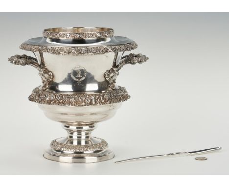 English silver marrow scoop and wine cooler with possible Wilkins family crest, 2 items total. 1st item: Georgian sterling si