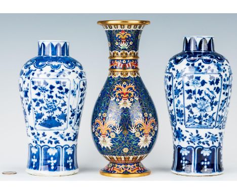 Three (3) Chinese vases, including porcelain Ming Pei form. 1st &amp; 2nd items: Pair of Chinese porcelain vases, Mei Ping fo