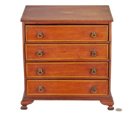 American miniature chest of drawers, mahogany primary, pine secondary. Rectangular top with central shell and string inlay ov