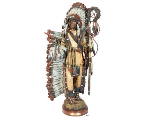 James P. Regimbal (b. 1949, California) cold painted bronze sculpture titled "Peace Maker". Depicts a Native American Sioux c