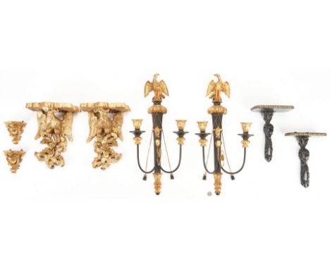 Grouping of four (4) pairs of wall sconces or brackets. 1st-2nd items: Pair carved ebonized and gilt wood and metal candle wa