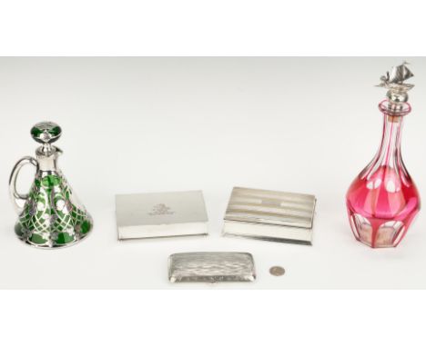 5 items with sterling and silverplate, including glass decanters, presentation boxes, cigarette case. 1st item: Art Nouveau g