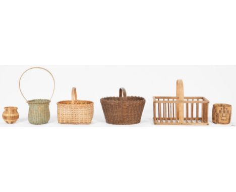 Grouping of six (6) baskets, including Native American. 1st item: Native American Cherokee honeysuckle basket with alternatin