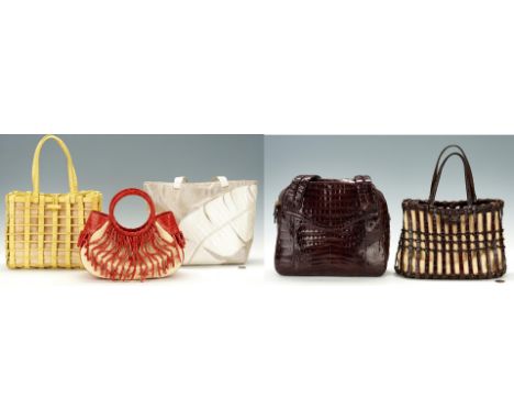 Five (5) Nancy Gonzalez designer purses. 1st item: Red crocodile skin and woven textile satchel bag with double ring handles,