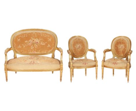 French Louis XVI Style Gilt Carved Settee &amp; 2 Arm Chairs. Settee with giltwood frame having oval ribbon carved back, shap