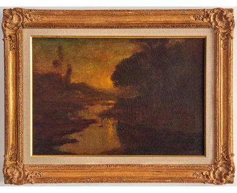William Keith (California/Scotland, 1838-1911) oil on canvas plein-air landscape painting depicting a river scene at sunset. 