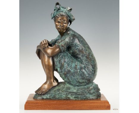 Shirley Thomson Smith (American, b. 1929) patinated bronze sculpture depicting a woman wearing a head covering with bow, seat