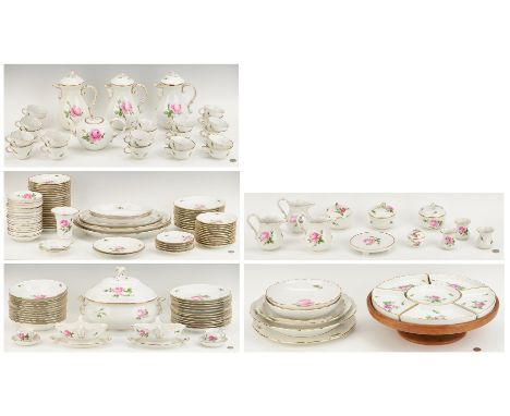 German Meissen porcelain dinnerware service, "Pink Rose" pattern, approximately 161 pieces, including 12 dinner plates (9 3/4