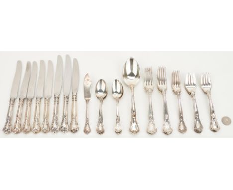 Group of 34 pieces Gorham Chantilly pattern sterling silver flatware including 8 knives (5 - 8 3/4" L, 2 - 9 1/2" L, 1 - 9" L