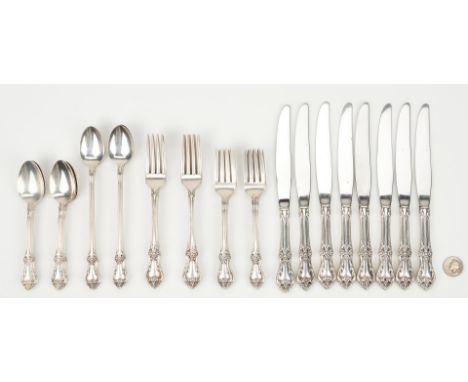 40 pieces Oneida sterling silver flatware, Afterglow pattern, including 8 hollow handle dinner knives (8 7/8" L), 8 dinner fo