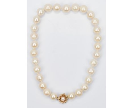 14K yellow gold clasp on pearl necklace featuring 29 south sea pearls with thick nacure and strong luster averaging 13.5mm in
