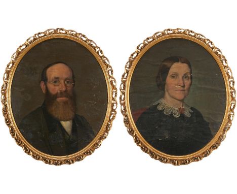 Attributed to Samuel Shaver (Tennessee, 1816-1878), pair of oval East Tennessee companion paintings depicting a husband and w