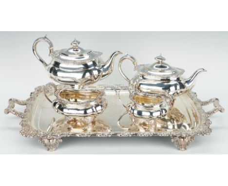 4 piece George IV sterling silver tea service, comprised of coffee pot, tea pot, cream jug and open sugar bowl, all pieces of