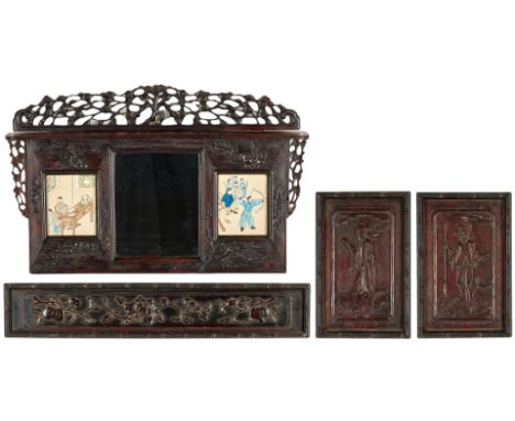 Asian carved shelf and three (3) hardwood plaques, 4 items total. 1st item: Chinese or Japanese carved ebonized hardwood shel