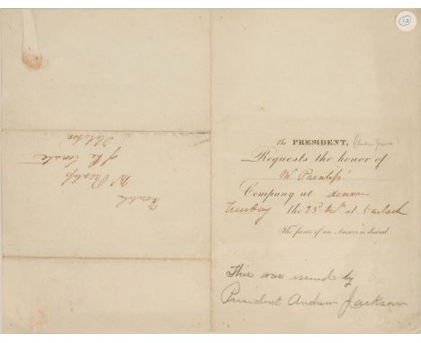 Presidential invitation to dinner, printed with manuscript, addressed to "Honble. Mr. Prentiss of the Senate / Fletcher" (pos