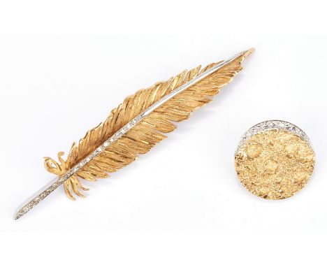 1st item: Ladies 18K yellow and white gold feather pin featuring 21 single cut diamonds approximately 0.14 carats, Clarity-SI