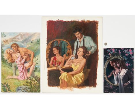 Three (3) pieces of illustration art, used for covers of Romance books, by artists including Ron Lesser, Uldis Klavins, and&n