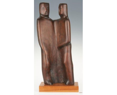 Olen Bryant (American/Tennessee, 1927-2017) carved walnut sculpture of conjoined figures, titled "David and Jonathan". Unsign